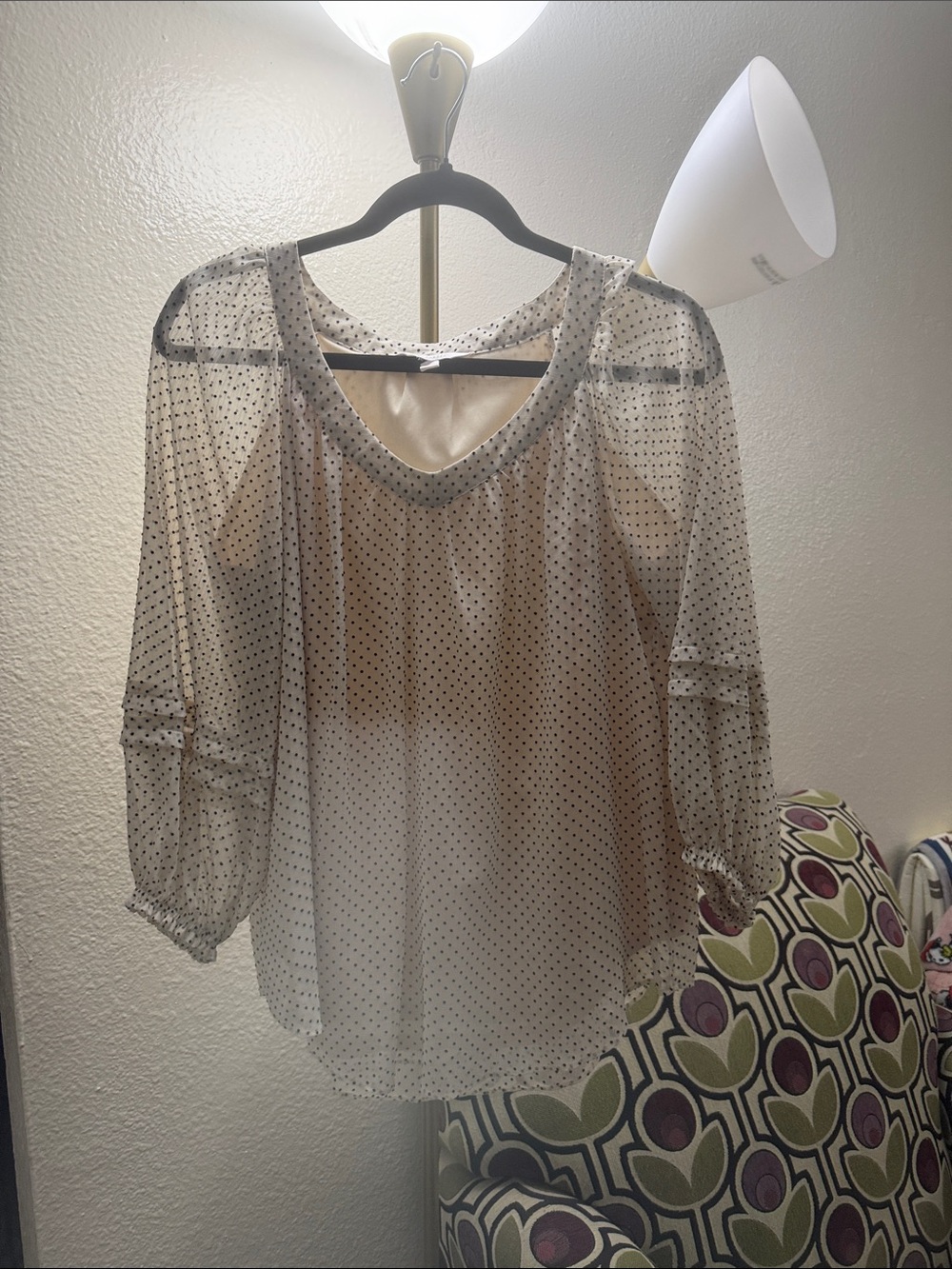 LC Lauren Conrad Cream Sheer Polka Dot peasant sleeve sheer top